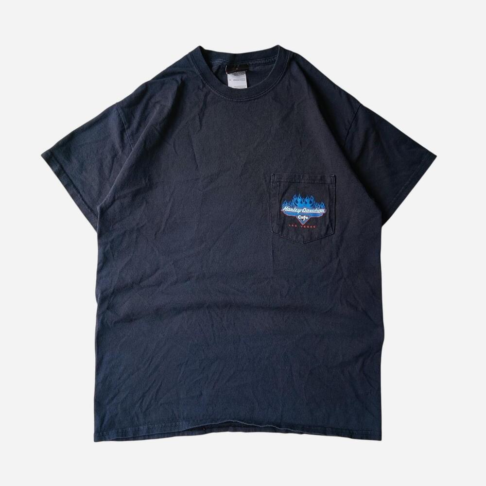 Harley Davidson Cafe Las Vegas black t-shirt with blue flame graphic and motorcy